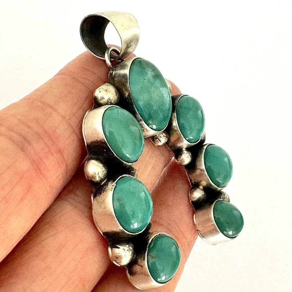 Turquoise Naja Navajo Pendant 2.25in Signed Largo Sterling Matte Squash Blossom